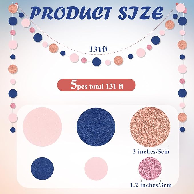 Outus 5 Pieces Blue,Pink,Rose Gold Round Dots Garland Graduation Party Hanging Decor Each Length 13.1ft Glitter Paper Dot Streamers for Birthday Wedding Classroom Supplies