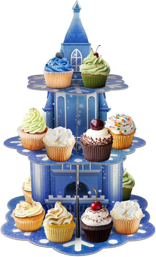 3 Tier Frozen Cupcake Stand Holder, Thickened Cupcake Tower for Boys Girls Kids Birthday Party Christmas Supplies Decorations Winter Snow Themed Cake Holder Dessert Display Stand