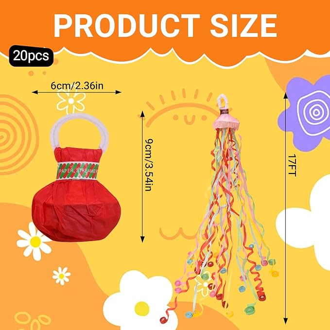 20 Pack No-Mess Handheld Streamer Party Poppers - Colorful Pull String Poppers for Birthdays & Celebrations