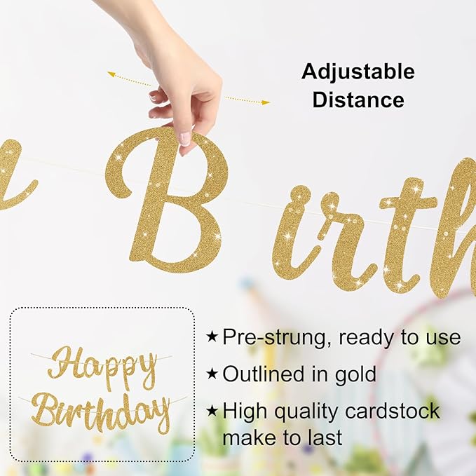 Pre-Strung Happy Birthday Banner, NO DIY Birthday Decorations with Circle Dot Garland and Butterflies, Happy Birthday Party Decorations for Women Girls (Gold)