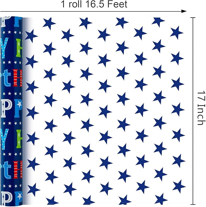 MAYPLUSS Happy Birthday Wrapping Paper Roll - 17 Inch X 16.5 Feet - Metallic Navy Blue Star Birthday Gift Wrapping Paper for Men, Boy, Baby Shower, Holiday