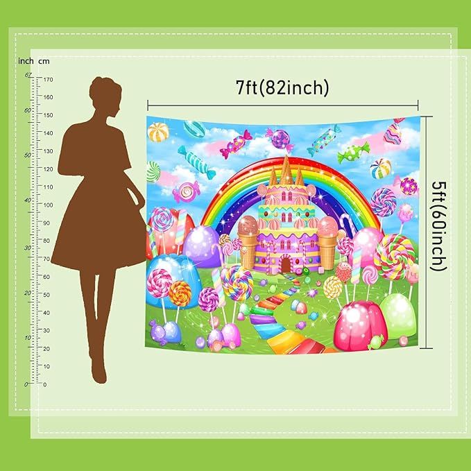 Mocsicka Sweet Candyland Backdrop Lollipop Sweetest Candy Theme Birthday Party Decoration for Girl Candy Ice Cream Castle Rainbow Party Banner Sweetest Day Wall Decorations(120''x96'')