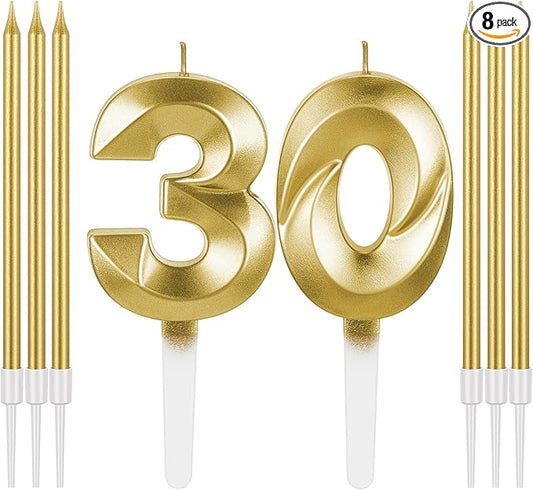 Mtlee Gold 30th Birthday Candles Set for Cakes Including Thin Metallic and Number Birthday Candles for Anniversary Celebration Party Topper Decorations Men Women