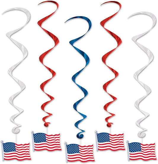 Beistle 5 Piece American Flag Whirls, 3’ Long Hanging Patriotic Stars and Stripes Decorations, Red, White & Blue Party Supplies, Fourth of July, Memorial Day & Festive Themed USA Holiday Decor