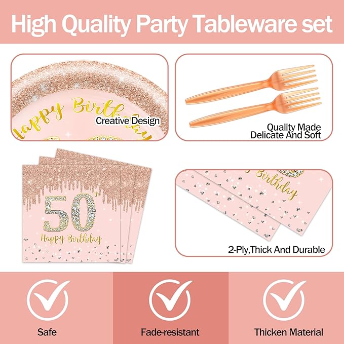 60 PCS 50th Birthday Decorations for Women, 50th Birthday Plates and Napkins Rose Gold Disposable Tableware Set Party Supplies for Women Cheers to 50 Years Anniversary (50TH)