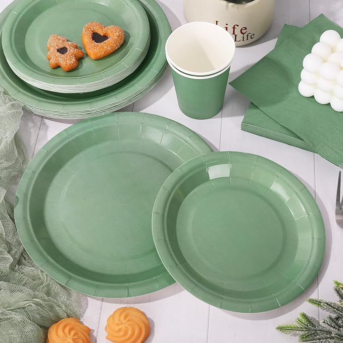 Whaline 100Pcs Sage Green Tableware Set Wedding Disposable Dinnerware Set 50 Paper Plates 25 Napkin 25 Cups for Wedding Birthday Bride Baby Shower Party Supplies Table Decorations