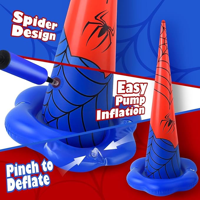 5 Pack Inflatable Spider Web Ring Toss Game - Red and Blue Spider Themed Birthday Party Games with 10 Plastic Rings & Pump, Indoor Outdoor Carnival Toss Toy for Kids Party Favors