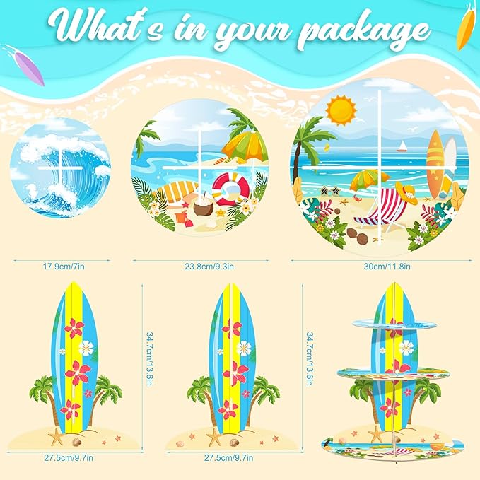 3-Tier Cupcake Stand for Beach Party Decorations - Multi-Colored Tropical Luau Pool Party Supplies, Hawaiian Themed Birthday Cake Stand for Baby Shower Wedding Decorations