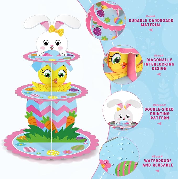 Zopeal 3 Tier Happy Easter Cupcake Stand Party Decorations Bunny Cupcake Holder Colorful Eggs Cake Holder Dessert Stand for Easter Party Supplies Birthday Baby Shower Decorations