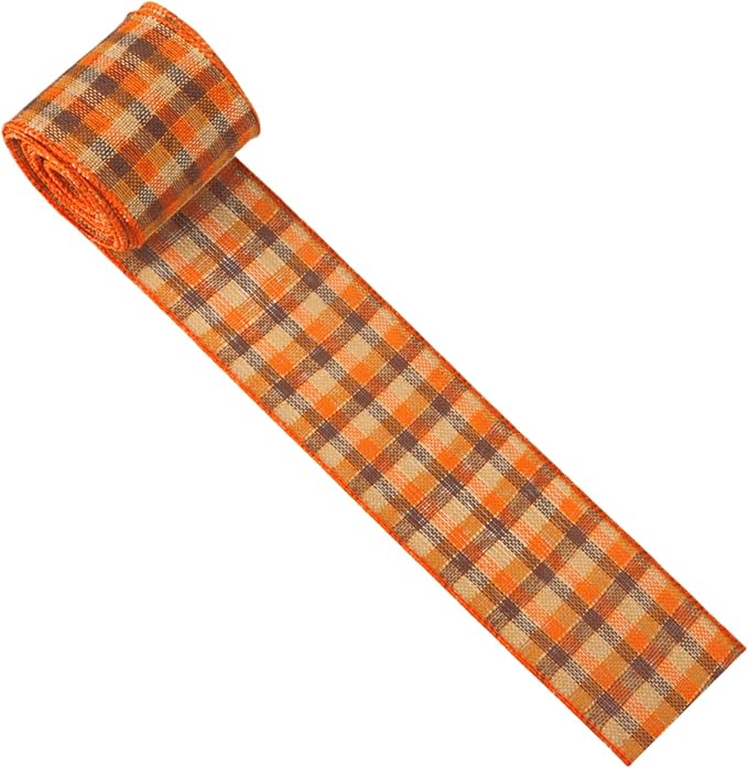 Meseey1.5 Inch x 10 Yards Orange Brown Beige Buffalo Check Wired Ribbon, Fall Burlap Wired Edge Ribbon for Wreaths, Bows, Gift Wrapping, Thanksgiving & Halloween Decor