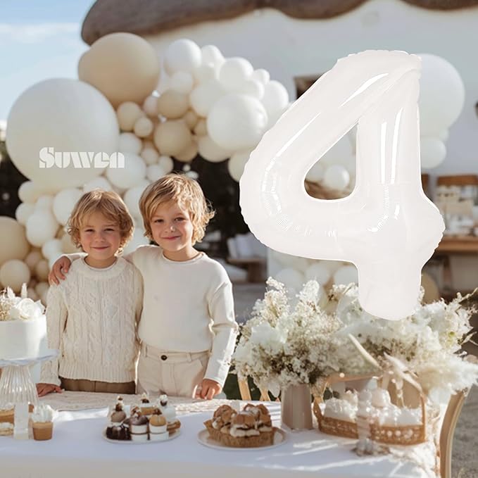 SUWEN 40 Inch White Large 4 Balloon Number Big Foil Helium Number Balloons 0-9 Giant Jumbo Happy 4th Birthday Party Decorations for Boy or Girl Huge Mylar Anniversary Party Supplies