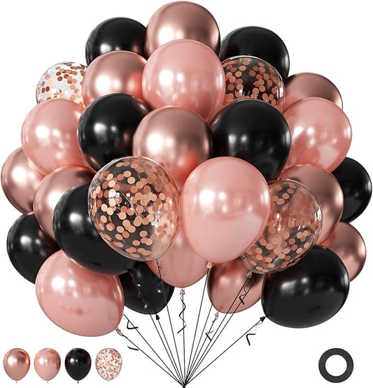 Rose Gold and Black Balloons, 60Pcs 12Inch Metallic Pearl Rose Gold Black Balloons Confetti Balloons for Graduation Women Girl Birthday Party Baby Shower Engagement Wedding Bridal Shower Decorations