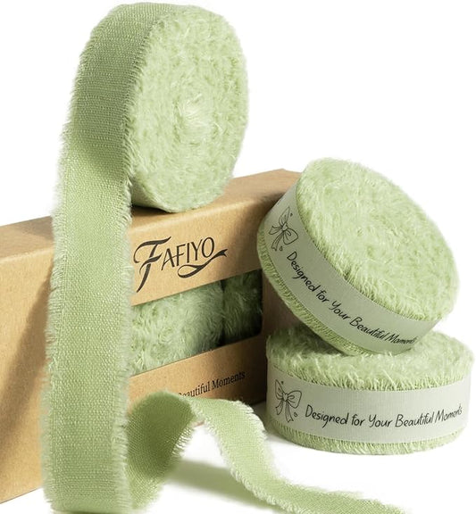 Sage Green Cotton Ribbon 5/8 Inch Sage Green 3 Rolls 21 Yards Frayed Edge Fabric Set for Wedding Invitations, Bridal Bouquet Wrap, Baby Shower Decor, Garden Party & Gift Wrapping