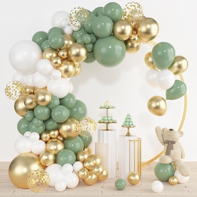 Amandir 153pcs Sage Green Gold Balloon Garland Arch Kit, Different Sizes 18 12 10 5 inch Green White Latex Metallic Confetti Balloons for Birthday Bridal Shower Wedding Bachelorette Decorations