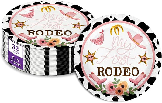 My First Rodeo Baby Girls 1st Birthday - 32 Piece Disposable Party Supplies - Decorations for Cowgirl Birthday Round Party Plates - Large 9" Paper Plates In Bulk