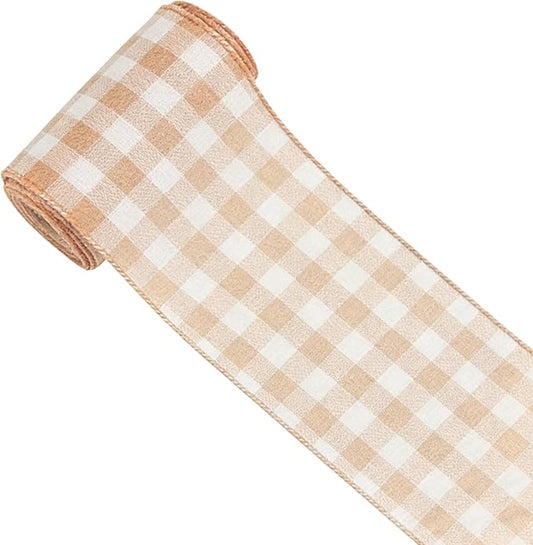 Meseey 10 Yards Tan and White Buffalo Plaid Burlap Ribbon,4 Inch Width Farmhouse Wired Ribbongs for Sewing, Crafting, Decoration, DIY Projects
