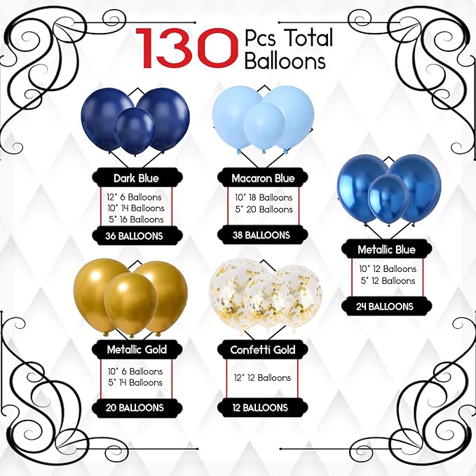 Archloon Blue Balloon Arch Kit, 134pcs Blue Balloon Garland Kit with Metallic, Macaron blue Balloons and Gold Confetti Balloons Arch Kit for Birthday, Wedding, Bridal and Baby Shower.