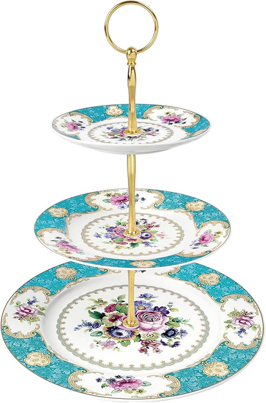 fanquare 10 Inch Floral Porcelain Cake Stand, Vintage Dessert Plate with Gold Trim, Blue Tea Cake Stand (Blue, three-tier)