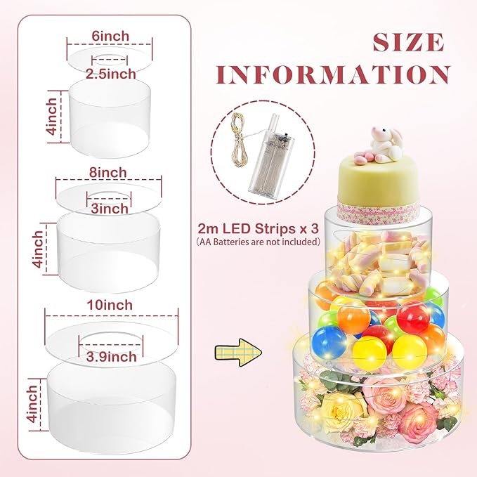 SAMYUCHO 3 Pcs Acrylic Cake Stand 6" Dx4 H 8" Dx4 H 10" Dx4 H with Led Lights for Party Wedding Cake Stand Tier Clear Cake Cupcake Display Centerpiece Floating Cup Cake Supports Stands for Stacking