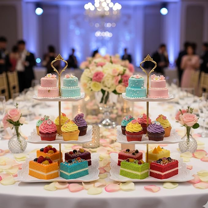 Barelove 3 Tier Plastic Cupcake Stand, Cake Display Tiered Serving Tray, 2 Pack Plastic Dessert Pastry Candy Platter Holder Tower for Wedding, Birthday, Tea Party, Baby Shower Decor (Square, White)
