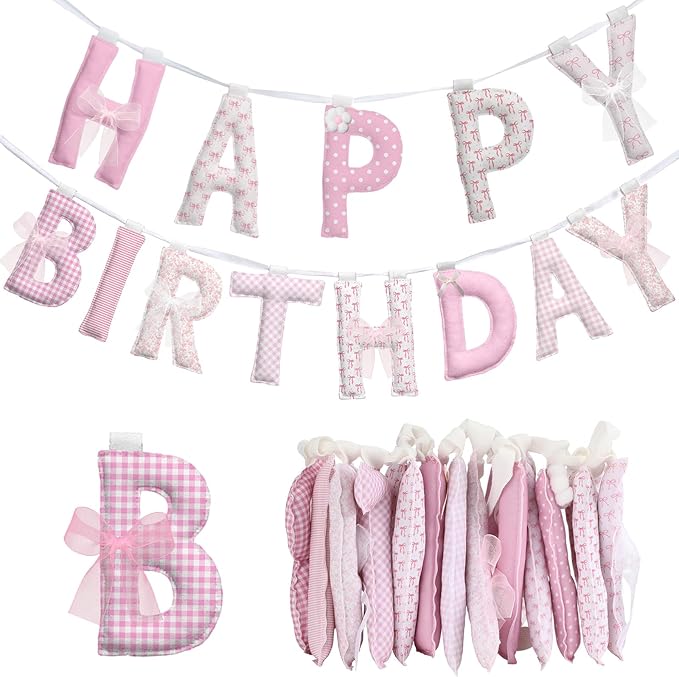 Suncalla Pre-strung Happy Birthday Banner Sign Reusable Felt Happy Birthday Garland Hanging Decorations Party Bunting Garland for Party Decor Photo Pro Home Backdrop(Cute,Pink)