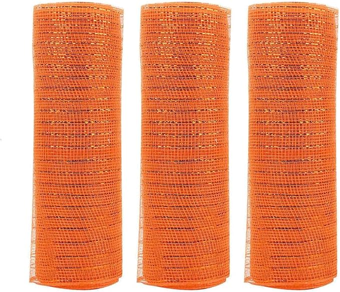 3 Rolls Orange Deco Mesh Ribbon for Wreath Making Supplies, 10 Inch x 30FT Metallic Foil Burlap Deco Mesh Fabric for Fall Thanksgiving Halloween Christmas Wreath Swags and Decorating