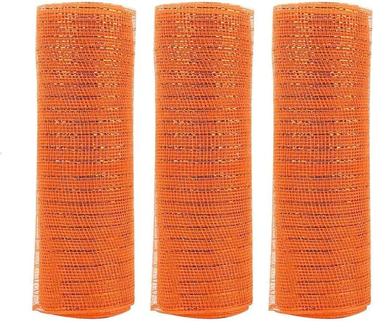3 Rolls Orange Deco Mesh Ribbon for Wreath Making Supplies, 10 Inch x 30FT Metallic Foil Burlap Deco Mesh Fabric for Fall Thanksgiving Halloween Christmas Wreath Swags and Decorating