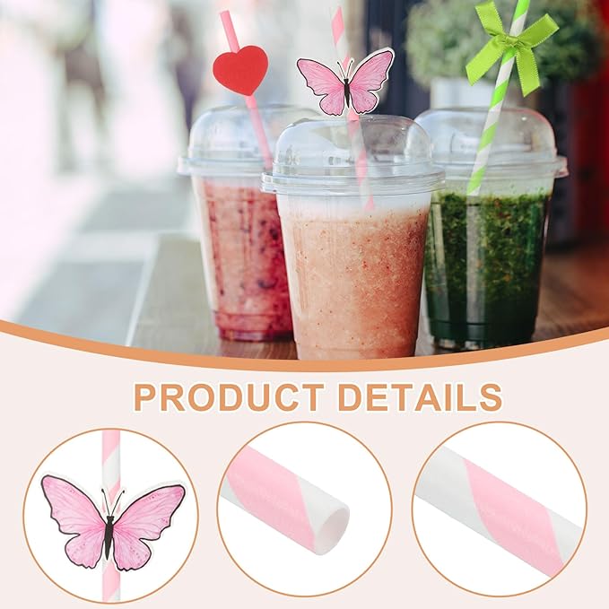 uxcell 40Pcs Butterfly Stripe Paper Straws, Drinking Straws Cake Decorations for Wedding Birthday Party Supplies, Pink