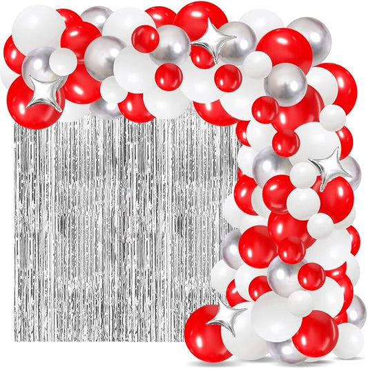 Red White Silver Balloon Garland Arch Kit, Red and White Metallic Silver Balloons Tinsel Foil Fringe Curtain for Wedding Birthday Engagement Graduation Valentines Party Decorations