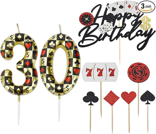 Casino Birthday Number Candles for Cake, Poker Birthday Candles for Casino Themed Birthday Party Decoration, Glitter Casino Birthday Cake Topper for Casino Night Theme Birthday Cake(Number 30)