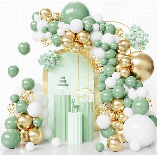Sage Green Balloons Arch Kit,130pcs Gold Balloon Garland,Different Sizes 18 12 10 5 Inch Green and White Latex Balloons for Birthday Baby Shower Gender Reveal Wedding Party Decoration