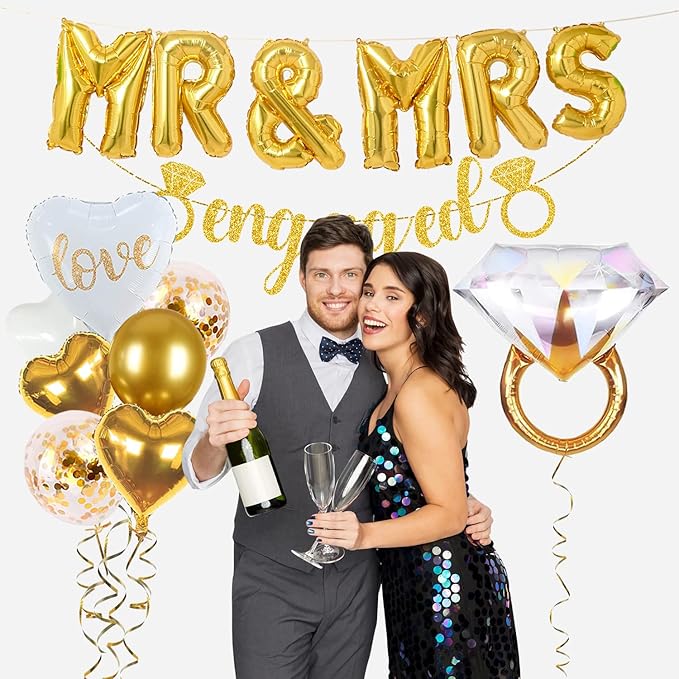 Sparkly Gold Engagement Decorations - Engaged Banner, Cake Decorations, Confetti, Ring Balloons for Wedding Party Decor