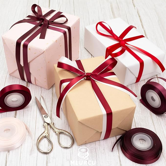 Red Ribbon Thin 3/8 Inch x 60Yards Assorted Burgundy, Dark Red, Maroon, Wine, Rose White, Double Faced Satin Ribbon for Flower Bouquet, Gift Wrapping, Wedding Invitation, Bows, Crafts, Gift Bags
