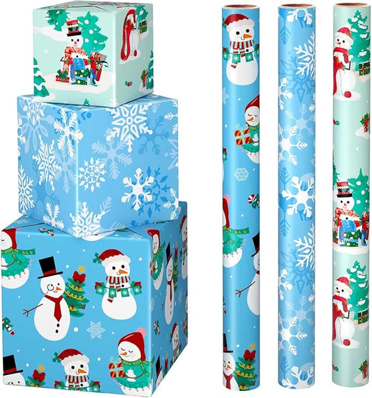 WERNNSAI Christmas Wrapping Paper - 3 Rolls 17” x 120” Snowman Wrap Papers Snowflake Blue Gift Wrapping Paper for Christmas Winter Holiday Party New Year Celebration Decoration Blue Green