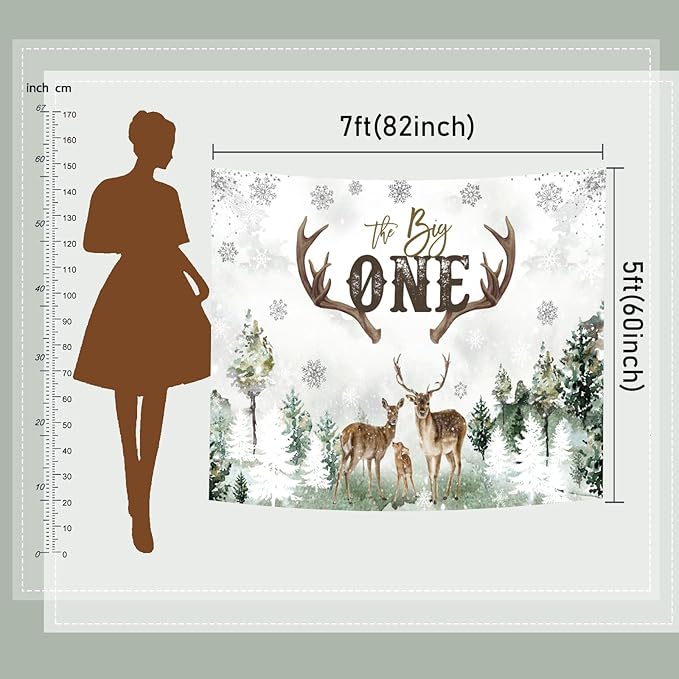 Mocsicka Deer 1st Birthday Backdrop Advenrture Winter Forest Deer Party Decoration The Big One Deer Antlers Rustic 1st Birthday Banner Bakground (Green, 10x7ft(120''x82''))