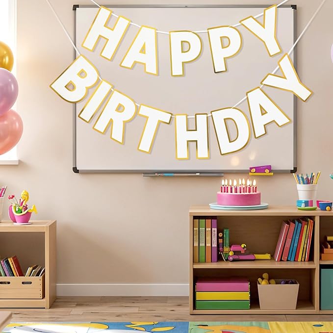 Happy Birthday Banner - 9ft Pre-Strung Happy Birthday Sign for Women, Men, Girls, Boys - No DIY Birthday Decorations & Party Supplies(White)