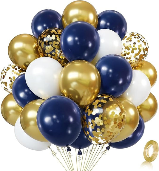 Zesliwy Navy Blue Gold Confetti Balloons Set,50pcs 12inch Royal Dark Blue Metallic Gold White Latex Balloons with Ribbon for Birthday Wedding Graduation 2026 Bridal Shower Party Decorations