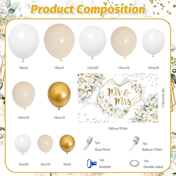 MEHOFOND 113pcs White Floral Wedding Balloons Arch Kit, Mr and Mrs Banner Backdrop, Flowers Hearts Geometric Bride to Be Party Decorations, Engagement White and Gold Balloons Garland Party Decor