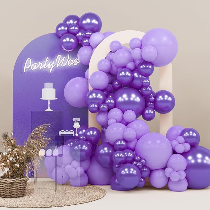 PartyWoo Purple Balloons, 140 pcs Lilac and Metallic Purple Balloons Different Sizes Pack of 18 Inch 12 Inch 10 Inch 5 Inch for Balloon Garland Balloon Arch as Birthday Decorations, Party Decorations
