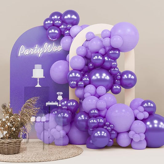 PartyWoo Purple Balloons, 140 pcs Lilac and Metallic Purple Balloons Different Sizes Pack of 18 Inch 12 Inch 10 Inch 5 Inch for Balloon Garland Balloon Arch as Birthday Decorations, Party Decorations