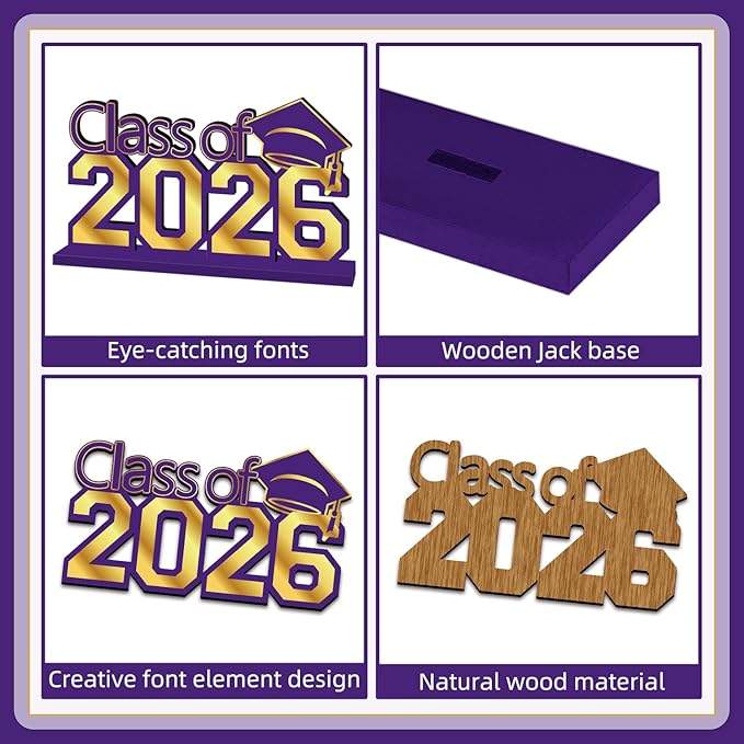 4Pcs Purple and Gold Graduation Decorations 2026 Congrats Grad Wooden Table Centerpieces Class of 2026 Table Sign Decorations for Graduation Centerpieces