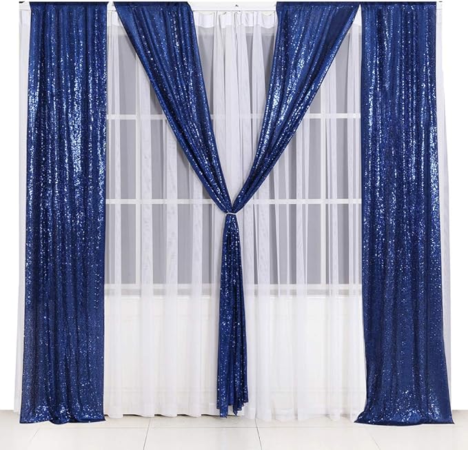SquarePie 2 PCS 2x8ft Navy Blue Sequin Backdrop Curtains, Satin-Backed Shimmering Photo Booth Background, 2 Panels Narrow Real Sequin Drapes with 4" Rod Pocket for Party, Baby Shower, Doorway Decor