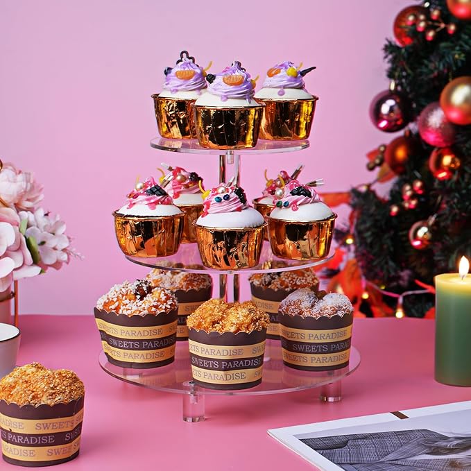 3 Tier Acrylic Cupcake Stand (6", 8", 10") with 4" Spacing - Clear Dessert Tower with Solid Rods - Stable Cake Display for Smash Cakes, Weddings & Party Decor (Clear)