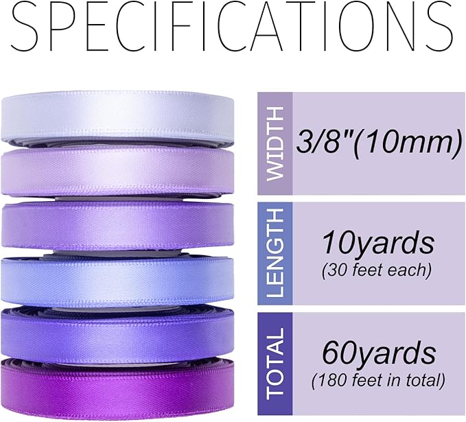 Purple Satin Ribbon 3/8 Inch Wide Lavender Light Purple Lilac Ribbon Assorted Solid Color Double Faced Satin Ribbon for Flower Bouquet Wedding Invitation Crafts Gift Wrapping Hair Bows - 60Yds