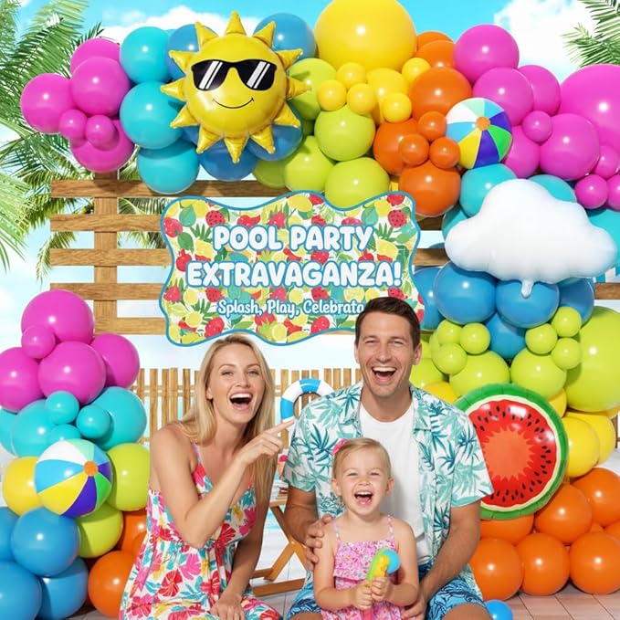 Tropical Summer Beach Pool Party Balloon Garland Arch Kit 168Pcs with Beach Ball Pineapple Watermelon Sun Foil Balloons for Birthday Hawaiian Luau Pool Beach Party Coconut Party Decor