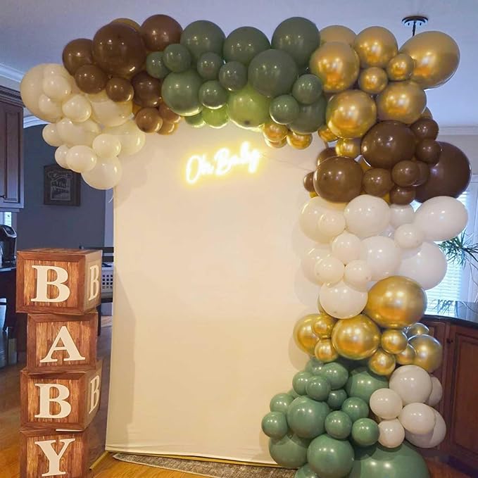 Sage Green and Brown Balloons, 12Inch Olive Green Gold and Brown Latex Balloon, Safari Jungle Coffee White Sagegreen Balloons for Woodland Animal Theme Kids Birthdays Hunting Zoo Party Decorations