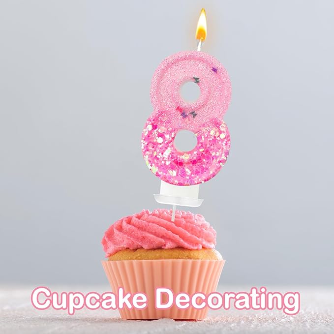 Pink Sequin Birthday Candles, Cake Number Candles, Girls 0th Birthday Decorations, Suitable for Birthday Parties, Anniversary Party Decorations(8)