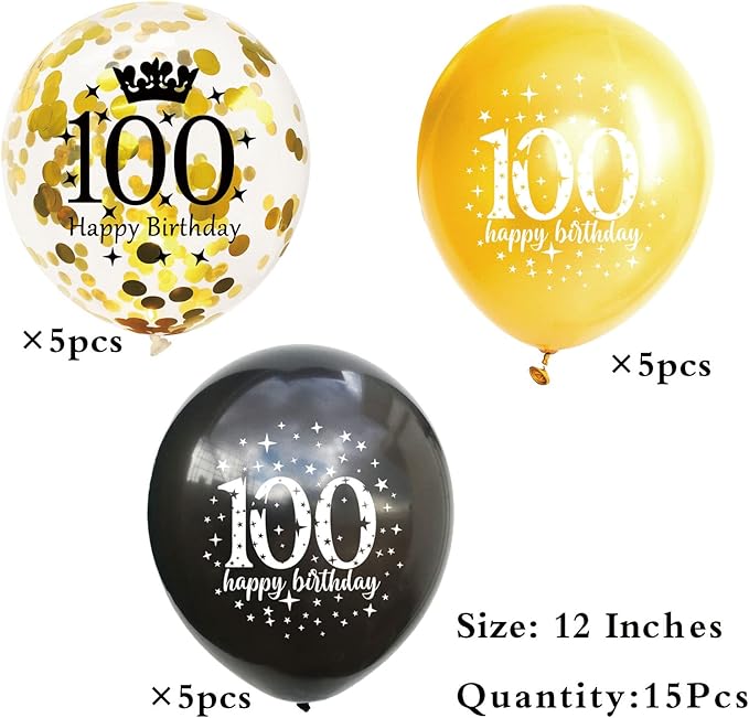SHUNTAI 100th Birthday Balloons Latex Confetti Balloon Gold and Black 100th Birthday Decorations for Men Women 100 Years Old Anniversary Theme Birthday Party Decor Supplies 15 Pack 12 inch