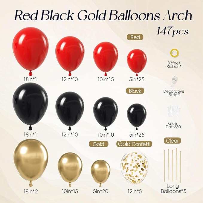 147pcs Red Black Gold Balloons Arch kit, 18 12 10 5 inch Red Black and Gold Balloons Garland for Anniversary Casino Night Hollywood New Years Movie Night Birthday Decorations