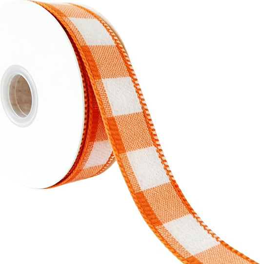 Meseey 7/8 Inch x10 Yards Orange White Gingham Plaid Buffalo Check Wired Ribbon for Easter Spring Fall Christmas Holiday Party Crafts